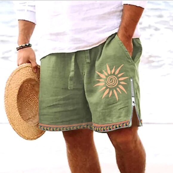 Men's Graphic Sun-Print Board Shorts Cotton Linen by Ouku Sz L Green #71Q - Picture 1 of 9